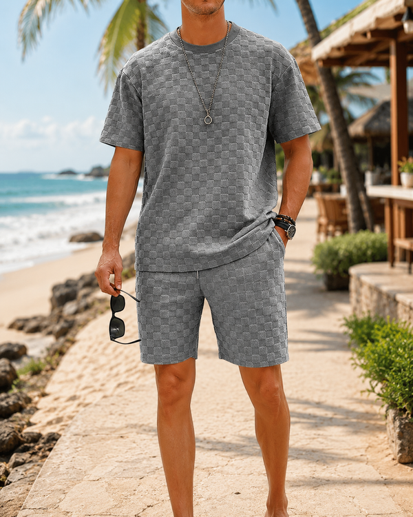 Checkered Mens Short-sleeve T-shirt And Casual Shorts Set
