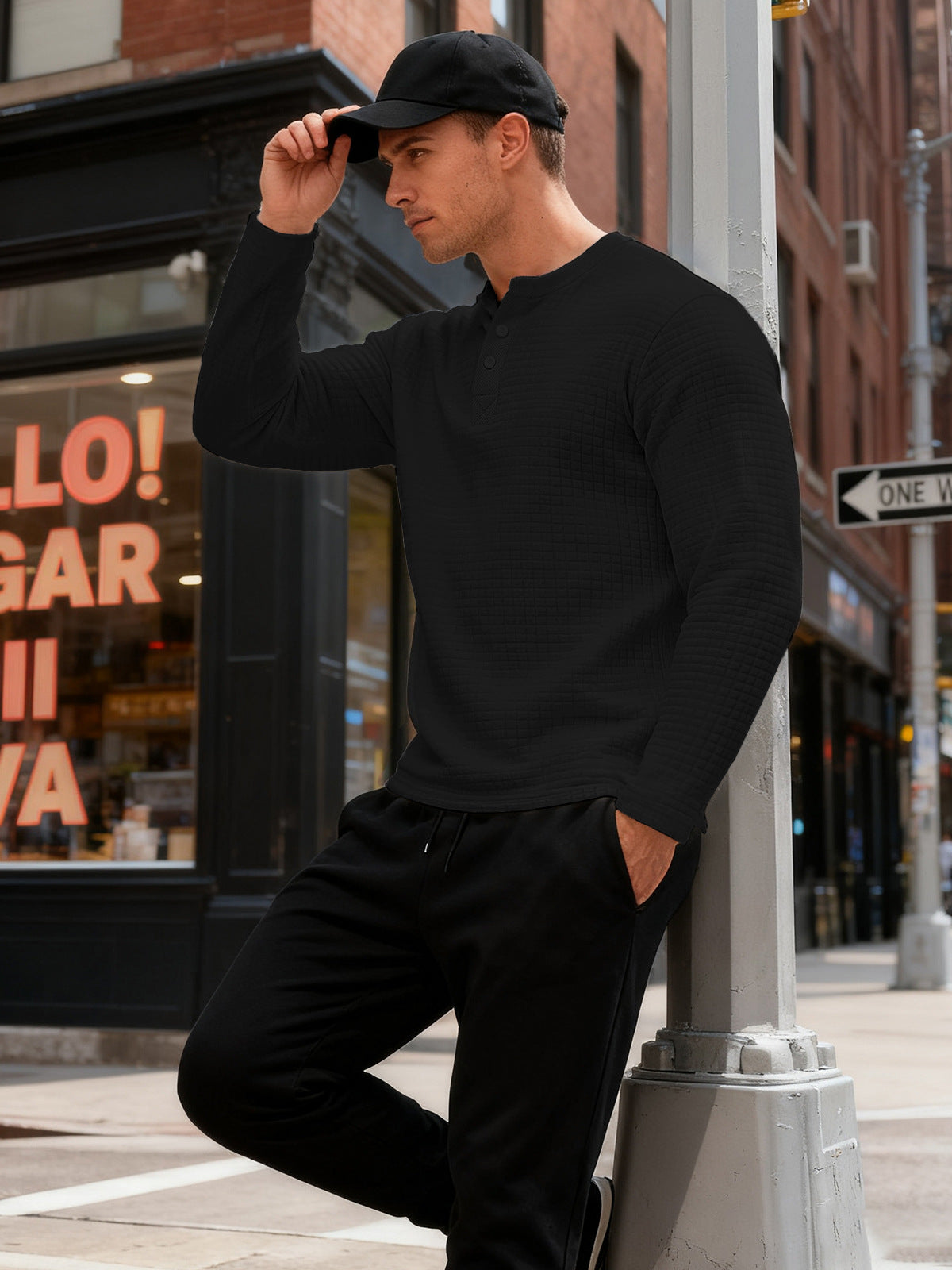 Mens Long-Sleeve Sweatshirt With Jacquard Small Plaid Pattern