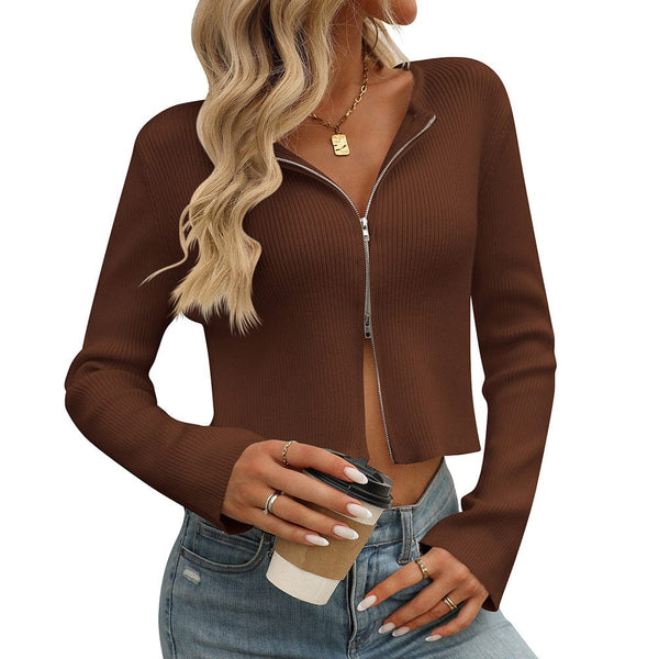 Empire of LaTz 0 Brown / L Women's Solid Color Long Sleeve Zipper Cardigan Sweater