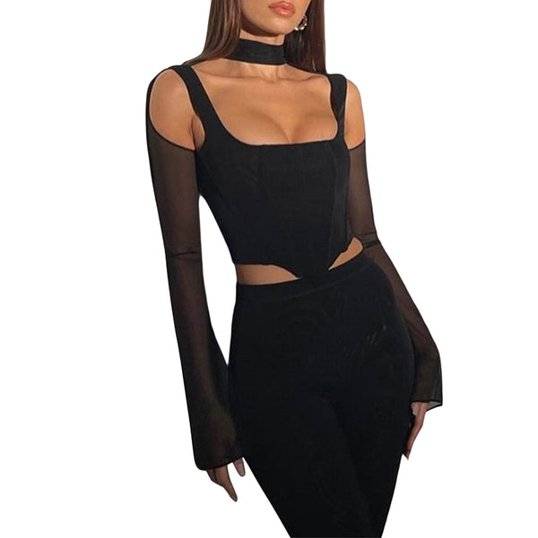 Premium Long Sleeve Halter Stitching Mesh Slim Fit Top -  from Empire of LaTz - Only £15! Explore at Empire of LaTz