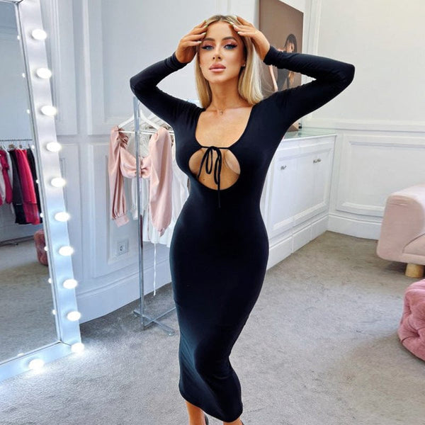 Premium Women's U-neck Backless Breast Shaping Lace-up Long Sleeve Sheath Sexy Trendy Length Dress -  from Empire of LaTz - Only £20! Explore at Empire of LaTz