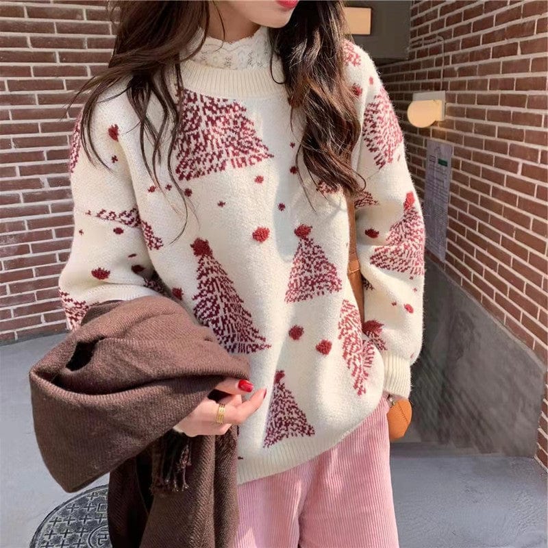 Empire of LaTz Christmas Jumper Red Christmas Tree Jacquard Warm Sweater Women
