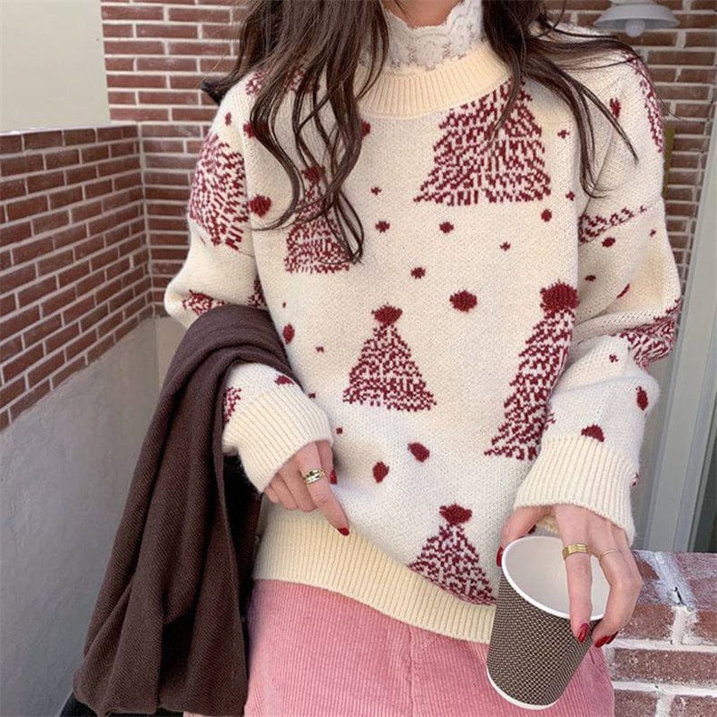 Empire of LaTz Christmas Jumper White / One size Red Christmas Tree Jacquard Warm Sweater Women