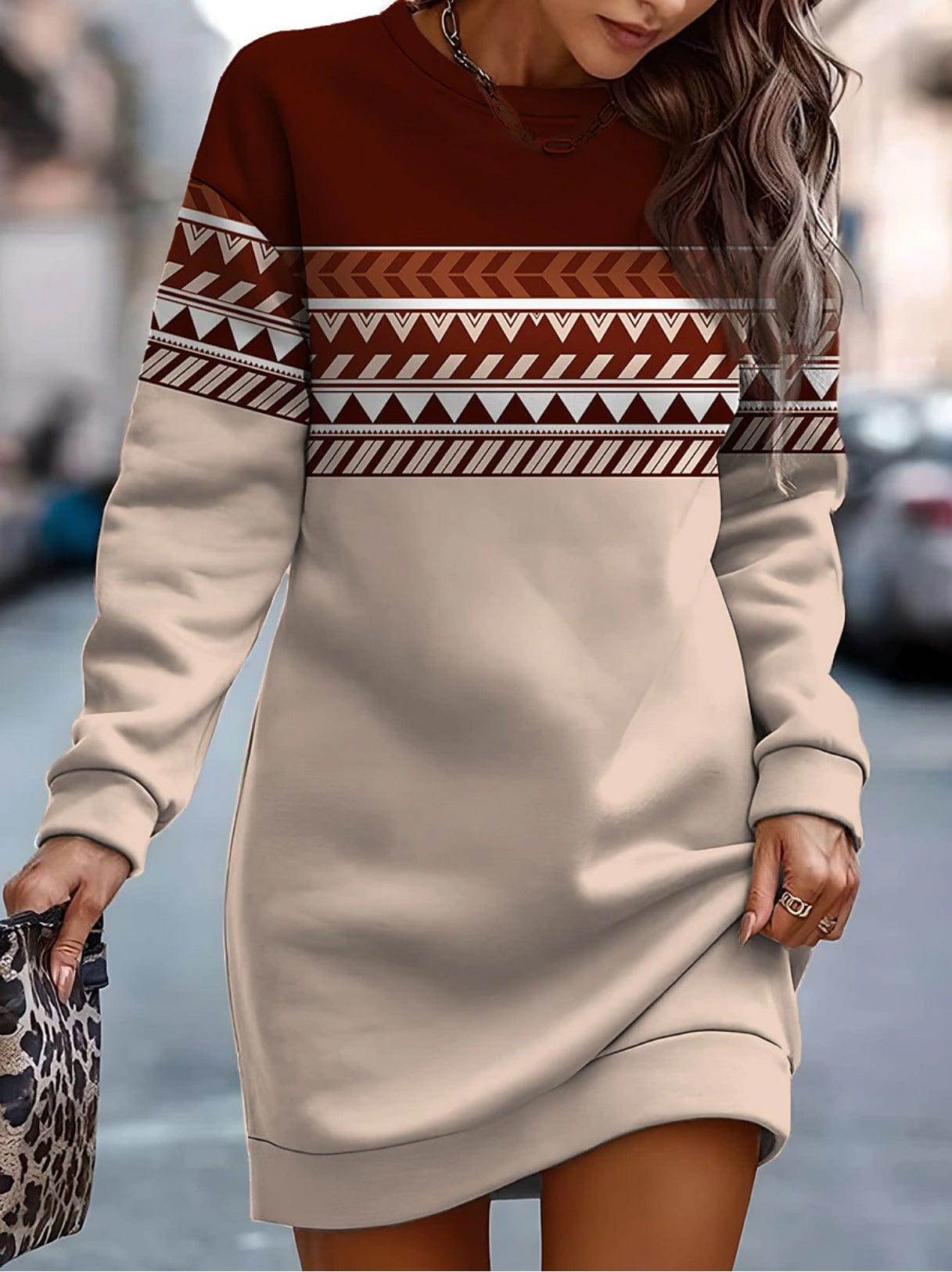 Premium Printed Contrast Color Round Neck Sweater Dress -  from Empire of LaTz - Only £19.99! Explore at Empire of LaTz
