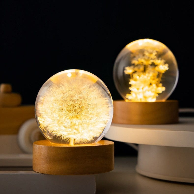 Premium Luminous 3D Dandelion Crystal Ball Beech Wood Stand Base Preserved Flower Sphere Ball Desktop Ornaments Bithday Christmas Gifts - LED Lights from Empire of LaTz - Only £25! Explore at Empire of LaTz