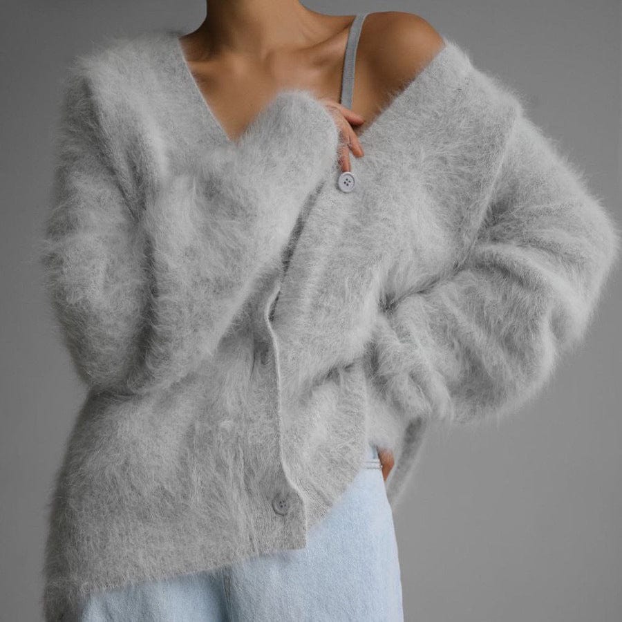 Empire of LaTz Light Gray / L Loose V-neck Button Cardigan Fall Winter Fashion Single Breasted Knitted Sweater Top Women's Clothing