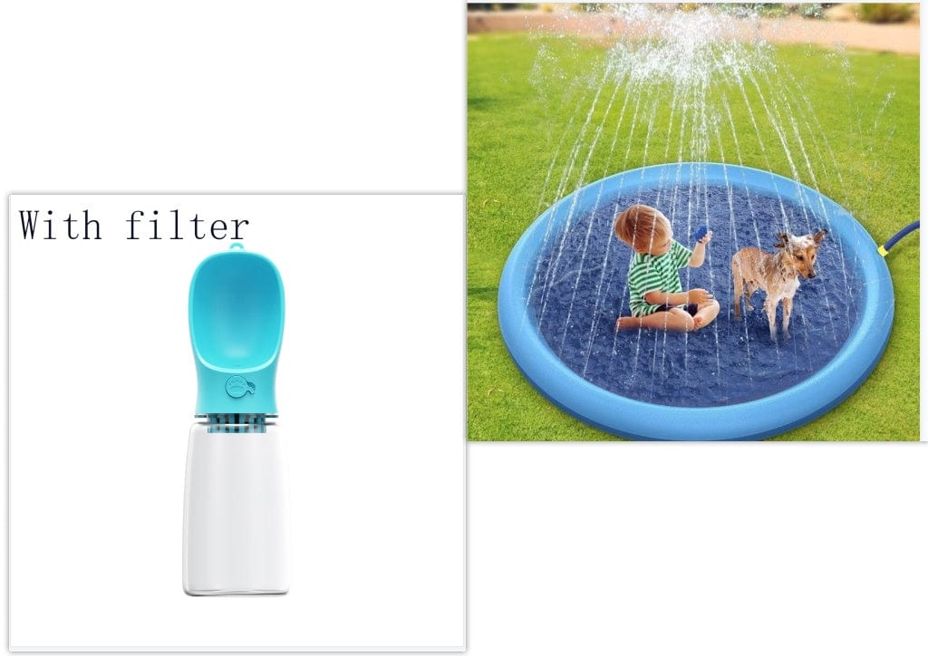 Empire of LaTz Pet Accessories Blue PAD150cm and Bottle 550ml Non-Slip Splash Pad For Kids And Pet Dog Pool Summer Outdoor Water Toys Fun Backyard Fountain Play Mat