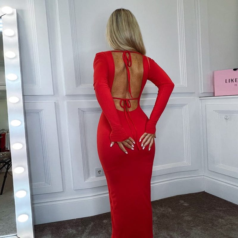 Premium Women's U-neck Backless Breast Shaping Lace-up Long Sleeve Sheath Sexy Trendy Length Dress -  from Empire of LaTz - Only £20! Explore at Empire of LaTz