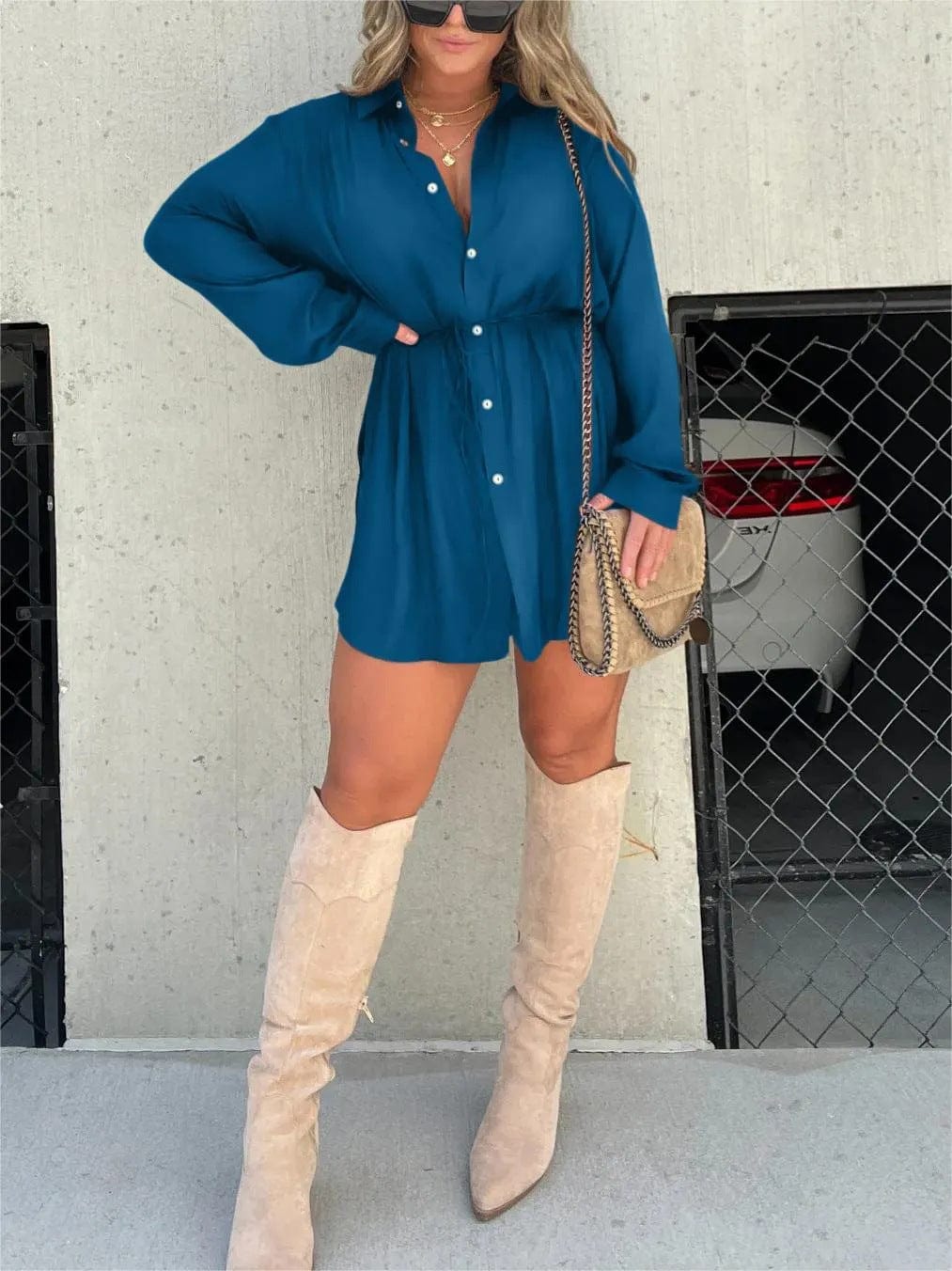 Empire of LaTz Womens Clothing Blue / 4XL Women's Long Sleeve Jumpsuit With Button Fashion Shirt Dress