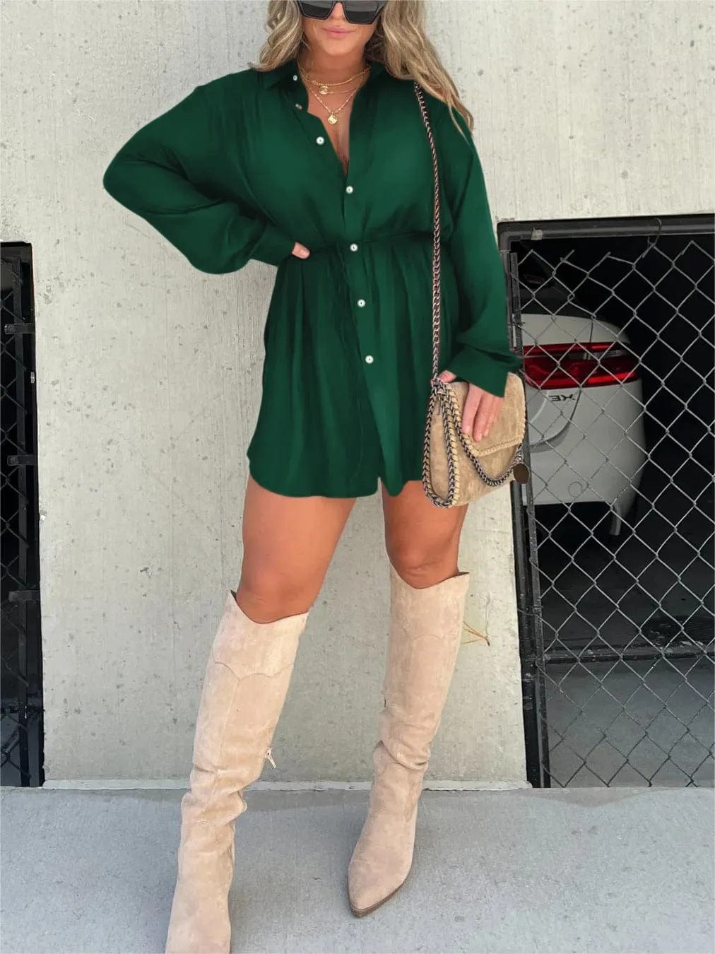 Empire of LaTz Womens Clothing Green / 4XL Women's Long Sleeve Jumpsuit With Button Fashion Shirt Dress
