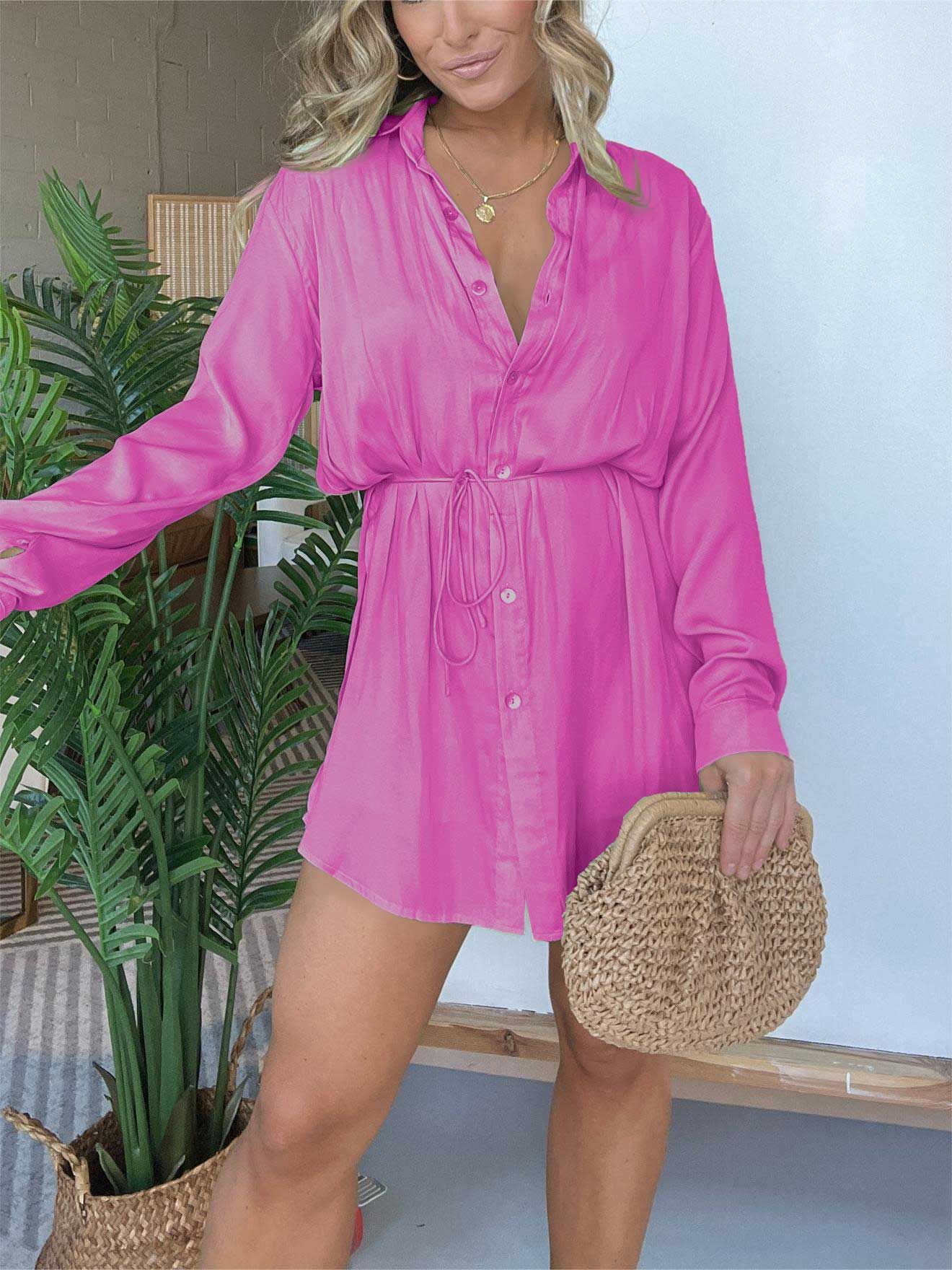 Empire of LaTz Womens Clothing Rose Red / 4XL Women's Long Sleeve Jumpsuit With Button Fashion Shirt Dress