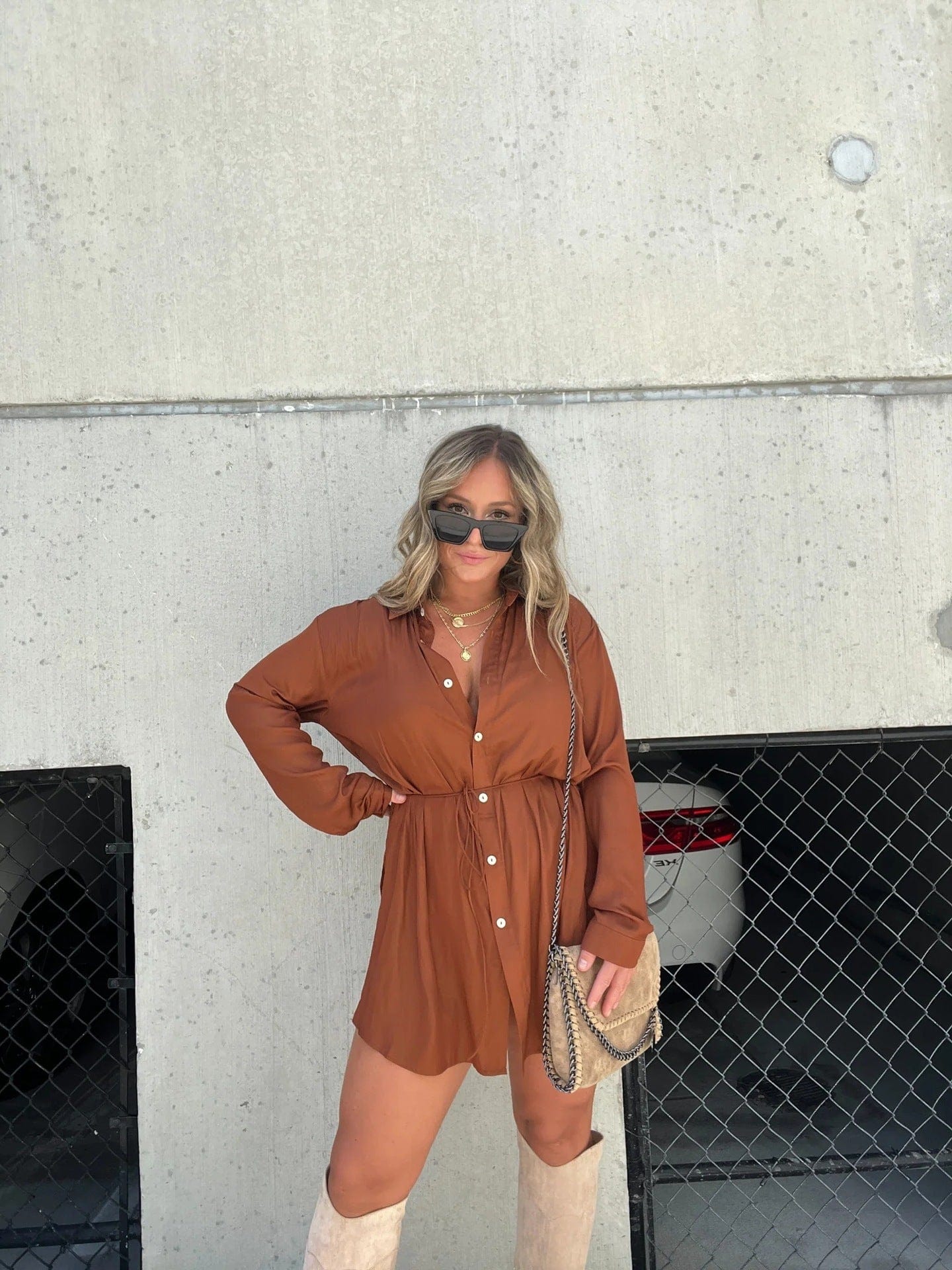 Empire of LaTz Womens Clothing Rust / 4XL Women's Long Sleeve Jumpsuit With Button Fashion Shirt Dress