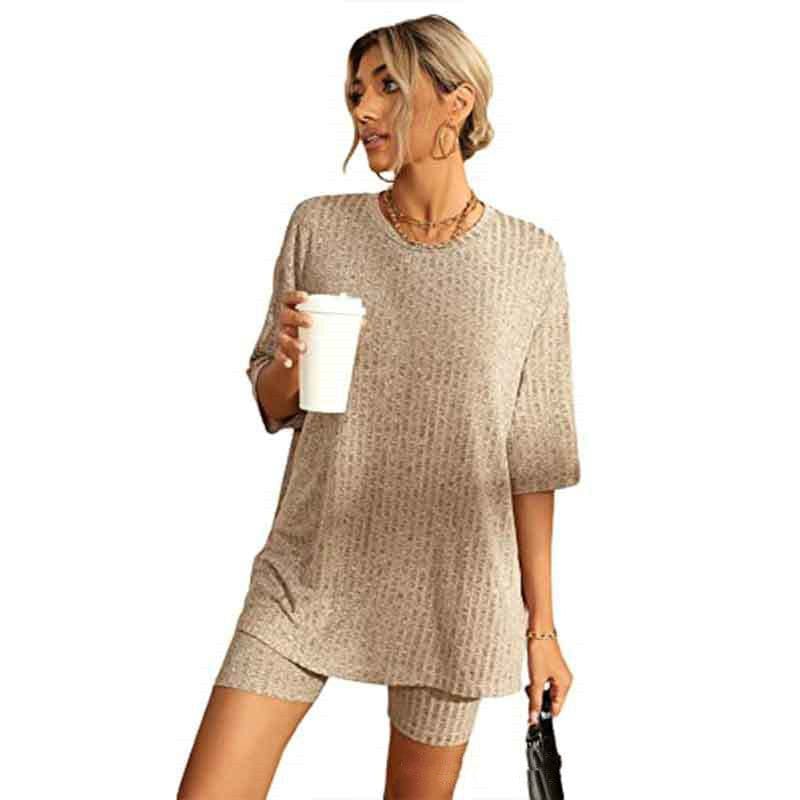 Empire of LaTz womens jumpers Beige / L Women's Ribbed Short-sleeved Drop-shoulder Shorts Suit