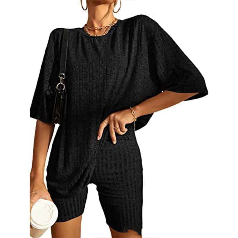 Empire of LaTz womens jumpers Black / L Women's Ribbed Short-sleeved Drop-shoulder Shorts Suit