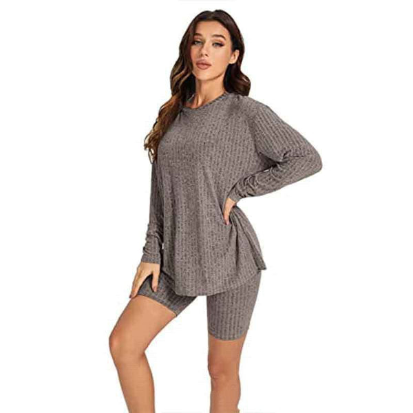 Empire of LaTz womens jumpers Gray / L Women's Ribbed Short-sleeved Drop-shoulder Shorts Suit