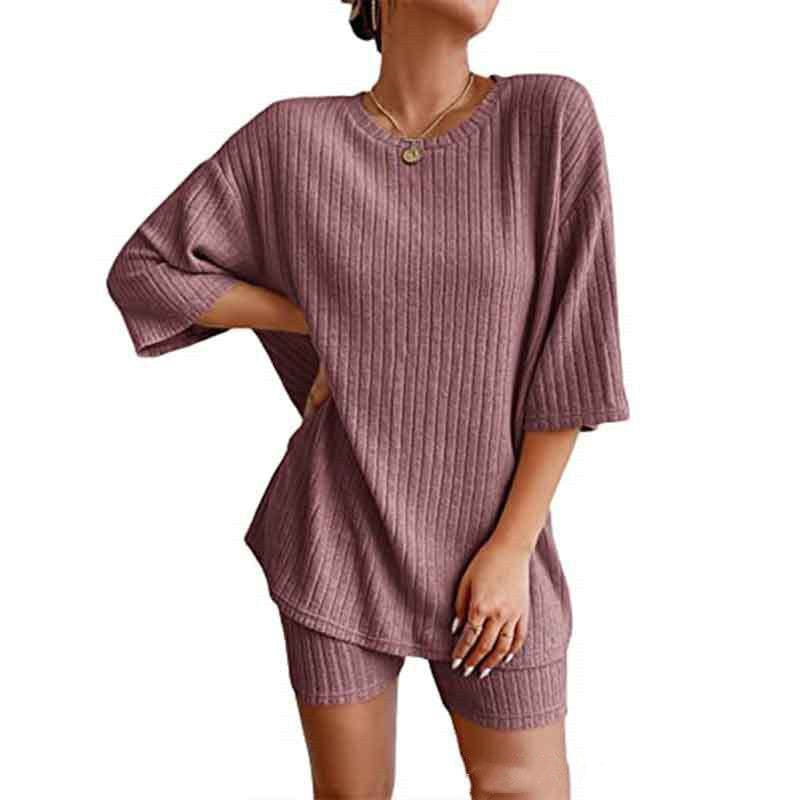 Empire of LaTz womens jumpers Wine Red / L Women's Ribbed Short-sleeved Drop-shoulder Shorts Suit