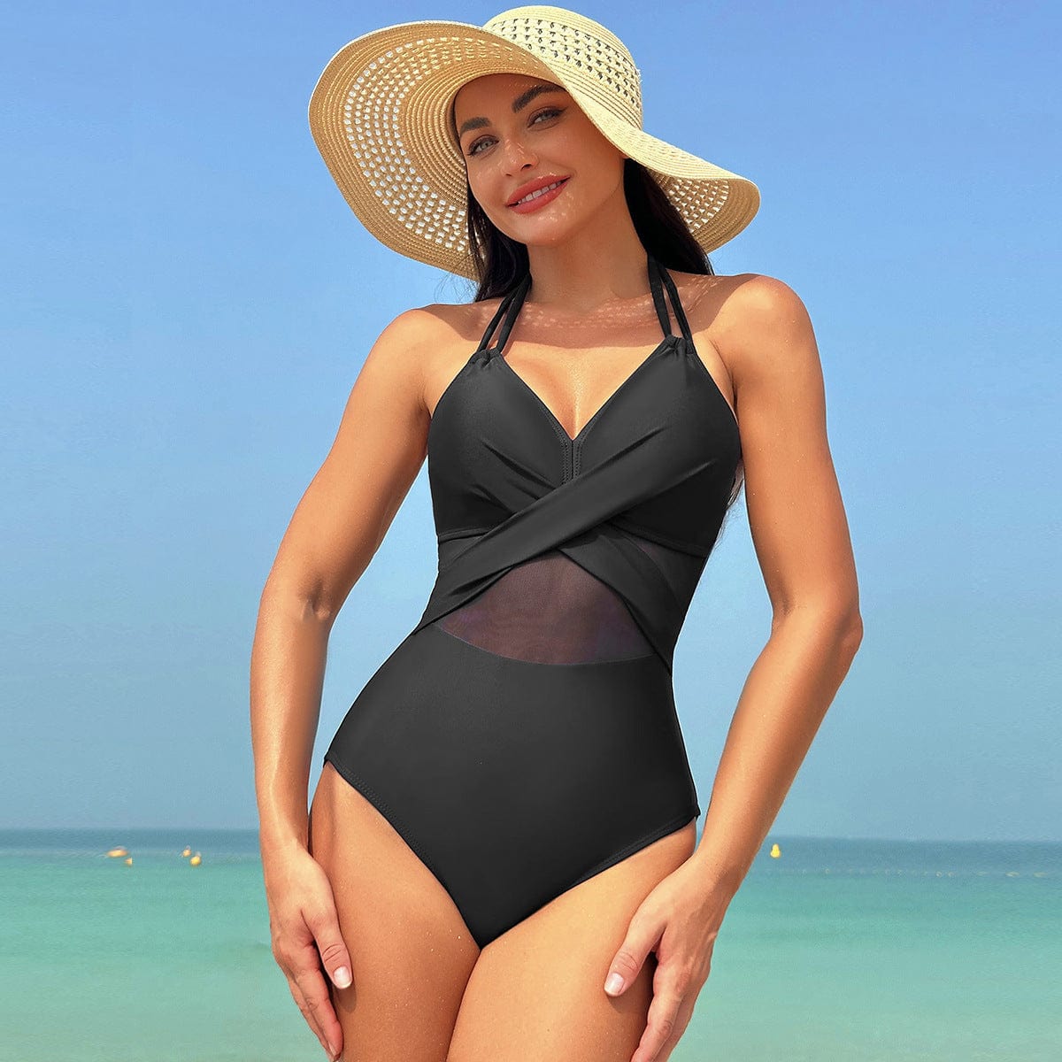 Premium Halter-neck One-piece Swimsuit Summer Solid Color Cross-strap Design Mesh Bikini Beach Vacation Womens Clothing - womens swimsuit from Empire of LaTz - Only £24.99! Explore at Empire of LaTz