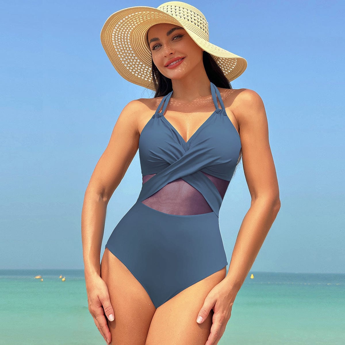 Premium Halter-neck One-piece Swimsuit Summer Solid Color Cross-strap Design Mesh Bikini Beach Vacation Womens Clothing - womens swimsuit from Empire of LaTz - Only £24.99! Explore at Empire of LaTz