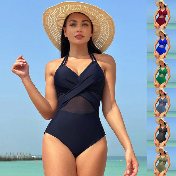 Premium Halter-neck One-piece Swimsuit Summer Solid Color Cross-strap Design Mesh Bikini Beach Vacation Womens Clothing - womens swimsuit from Empire of LaTz - Only £24.99! Explore at Empire of LaTz